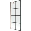 Jednoskrzydłowy parawan nawannowy o wymiarach 80 x 150 cm z czarną kratką i wykończeniem w kolorze różowego złota. Produkt ma prostokątny kształt i jest wykonany z przezroczystego materiału.