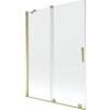 Dwuskrzydłowy, rozsuwany parawan nawannowy o wymiarach 130 x 150 cm, wykonany z transparentnego szkła z elementami w złotym kolorze. Produkt posiada prostokątną, złotą rączkę oraz złote mocowania.