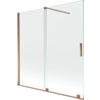 Dwuskrzydłowy, rozsuwany parawan nawannowy o wymiarach 160 x 150 cm, wykonany z przezroczystego szkła, z elementami w kolorze różowego złota. Produkt posiada prostokątną, metalową rączkę oraz stabilizujące mocowania.