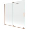 Dwuskrzydłowy, rozsuwany parawan nawannowy o wymiarach 170 x 150 cm, wykonany z przezroczystego szkła, z elementami w kolorze szczotkowanej miedzi. Produkt posiada prostokątną, metalową rączkę oraz wspornik stabilizujący.