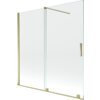 Przesłany obraz przedstawia dwuskrzydłowy, rozsuwany parawan nawannowy o wymiarach 160 x 150 cm, wykonany z przezroczystego szkła z elementami w kolorze złotym. Produkt ma prostą konstrukcję z pionowymi i poziomymi złotymi ramkami oraz uchwytem.