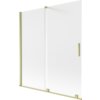 Dwuskrzydłowy, rozsuwany parawan nawannowy o wymiarach 150 x 150 cm, wykonany z matowego szkła z elementami w kolorze złotym szczotkowanym. Produkt ma prostokątny kształt z uchwytem na jednym ze skrzydeł.