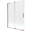 Dwuskrzydłowy, rozsuwany parawan nawannowy o wymiarach 130 x 150 cm, wykonany z przezroczystego szkła z elementami w kolorze szczotkowanej miedzi. Produkt ma prostą konstrukcję z pionowymi i poziomymi metalowymi elementami oraz uchwytem.