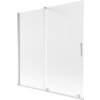 Dwuskrzydłowy, rozsuwany parawan nawannowy o wymiarach 160 x 150 cm, wykonany z matowego szkła z chromowanymi elementami, w tym uchwytem i ramą. Produkt ma prosty, nowoczesny design z gładką powierzchnią.