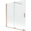 Przesłany obraz przedstawia dwuskrzydłowy, rozsuwany parawan nawannowy o wymiarach 150 x 150 cm, wykonany z przezroczystego szkła z elementami w kolorze różowego złota. Produkt ma prostą, nowoczesną konstrukcję z metalowymi uchwytami i wspornikami.