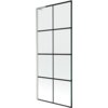 Jednoskrzydłowy parawan nawannowy o wymiarach 80 x 150 cm z czarną kratką i wykończeniem w kolorze niklu szczotkowanego. Produkt ma prostokątny kształt z metalową ramą i przezroczystymi panelami podzielonymi na osiem sekcji.