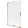 Dwuskrzydłowy parawan nawannowy o wymiarach 120 x 150 cm, wykonany z mrożonego szkła z elementami w kolorze szczotkowanej miedzi. Produkt ma prostokątny kształt z widocznym uchwytem na jednym ze skrzydeł.