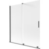 Dwuskrzydłowy, rozsuwany parawan nawannowy o wymiarach 150 x 150 cm, wykonany z matowego szkła w kolorze szronu, z elementami w odcieniu gun gray szczotkowanym. Produkt posiada prostokątny uchwyt i metalowe elementy mocujące.