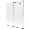 Przesłane zdjęcie przedstawia dwuskrzydłowy, rozsuwany parawan nawannowy o wymiarach 150 x 150 cm, wykonany z przezroczystego szkła z elementami w kolorze gun gray szczotkowanym. Produkt ma prostokątny uchwyt i metalowe elementy montażowe.