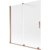 Dwuskrzydłowy parawan nawannowy o wymiarach 150 x 150 cm, wykonany z matowego szkła, z elementami w kolorze różowego złota. Produkt ma prostokątny kształt i posiada uchwyt w tym samym kolorze co ramy.