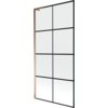 Jednoskrzydłowy parawan nawannowy o wymiarach 90 x 150 cm z czarną kratką i wykończeniem w kolorze różowego złota. Produkt ma prostokątny kształt i składa się z przezroczystych paneli podzielonych czarnymi liniami.