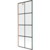 Jednoskrzydłowy parawan nawannowy o wymiarach 70 x 150 cm z czarną kratką i elementami w kolorze miedzi szczotkowanej. Produkt ma prostokątny kształt z widocznymi pionowymi i poziomymi liniami tworzącymi kratkę.