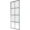 Szklany parawan nawannowy z czarną kratką i elementami w kolorze różowego złota, o wymiarach 70 x 150 cm. Produkt ma prostokątny kształt i jednolite, przezroczyste panele podzielone czarnymi liniami.