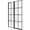 Dwuskrzydłowy parawan nawannowy z czarną kratką, wykonany ze szkła, o wymiarach 110 x 150 cm. Produkt ma elegancką, nowoczesną konstrukcję z wyraźnymi, czarnymi liniami dzielącymi powierzchnię na prostokątne segmenty.