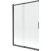 Przesuwany, dwuskrzydłowy parawan nawannowy o wymiarach 120 x 150 cm, wykonany z przezroczystego szkła, z ramą w kolorze szczotkowanego szarego metalu. Produkt ma prosty, nowoczesny design z widocznym uchwytem na jednym ze skrzydeł.