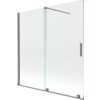 Przesłane zdjęcie przedstawia dwuskrzydłowy, rozsuwany parawan nawannowy o wymiarach 160 x 150 cm, wykonany z przezroczystego szkła z metalowymi elementami w kolorze gun metal. Produkt ma prostokątny kształt, z widocznym uchwytem na jednym ze skrzydeł oraz wspornikiem stabilizującym.