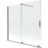 Dwuskrzydłowy, rozsuwany parawan nawannowy o wymiarach 170 x 160 cm, wykonany z przezroczystego szkła, z elementami w kolorze szczotkowanego szarego metalu. Produkt posiada prostokątny uchwyt oraz metalowe profile i wspornik.