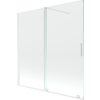 Przezroczysty, dwuskrzydłowy parawan nawannowy o wymiarach 160 x 150 cm z białymi elementami montażowymi i uchwytem. Produkt ma prosty, nowoczesny design z widocznymi metalowymi elementami konstrukcyjnymi.