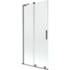 Przesłany obraz przedstawia dwuskrzydłowy, rozsuwany parawan nawannowy o wymiarach 95 x 150 cm, wykonany z transparentnego szkła i wykończony w kolorze gun metal. Produkt ma prostokątną formę z metalowymi elementami konstrukcyjnymi i uchwytem.