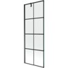 Jednoskrzydłowy parawan nawannowy o wymiarach 70 x 150 cm z czarną kratką i czarną ramą. Produkt ma prostokątny kształt i przezroczyste panele podzielone na sekcje przez czarne linie.