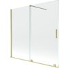 Dwuskrzydłowy, rozsuwany parawan nawannowy o wymiarach 160 x 150 cm, wykonany z transparentnego szkła z elementami w kolorze złotym szczotkowanym. Produkt ma prostokątny kształt z metalowymi uchwytami i wspornikami.