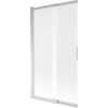 Dwuskrzydłowy, przesuwny parawan nawannowy o wymiarach 100 x 150 cm, wykonany z mrożonego szkła i chromowanych elementów. Produkt ma prosty, nowoczesny design z widocznym uchwytem.