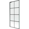 Jednoskrzydłowy parawan nawannowy o wymiarach 80 x 150 cm z czarną kratką, wykonany z przezroczystego szkła i czarnych metalowych elementów. Produkt ma prostokątny kształt i minimalistyczny design.