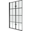 Dwuskrzydłowy parawan nawannowy z czarną kratką, wykonany ze szkła i metalu, o wymiarach 100 x 150 cm. Produkt ma prostokątny kształt i czarne ramy z widocznymi zawiasami.