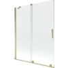 Przesłane zdjęcie przedstawia dwuskrzydłowy, rozsuwany parawan nawannowy o wymiarach 140 x 150 cm, wykonany z transparentnego szkła z elementami w złotym kolorze. Produkt ma prosty, nowoczesny design z metalowymi uchwytami i mocowaniami.