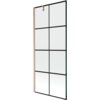 Jednoskrzydłowy parawan nawannowy o wymiarach 80 x 150 cm z czarną kratką i elementami w kolorze miedzi szczotkowanej. Produkt ma prostokątny kształt i jest wykonany z przezroczystego szkła.