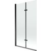 Dwuskrzydłowy, transparentny parawan nawannowy z czarnymi elementami konstrukcyjnymi, wykonany ze szkła, o wymiarach 100 x 150 cm. Produkt ma prosty, nowoczesny design z widocznymi zawiasami i ramą.