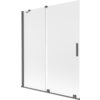 Dwuskrzydłowy, rozsuwany parawan nawannowy o wymiarach 140 x 150 cm, wykonany z matowego szkła z szarymi, szczotkowanymi elementami. Produkt ma prostokątny kształt i metalowe uchwyty.