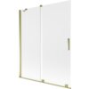 Dwuskrzydłowy, rozsuwany parawan nawannowy o wymiarach 140 x 150 cm, wykonany z matowego szkła z elementami w złotym kolorze. Produkt ma prostokątny kształt z uchwytem na jednym ze skrzydeł.