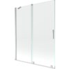Przesłane zdjęcie przedstawia dwuskrzydłowy, rozsuwany parawan nawannowy o wymiarach 140 x 150 cm, wykonany z przezroczystego szkła z chromowanymi elementami. Produkt ma prosty, nowoczesny design z metalowymi uchwytami i mocowaniami.