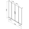 Schemat techniczny przedstawia dwuskrzydłowy parawan nawannowy o wymiarach 1500 x 1500 mm, z oznaczeniami długości poszczególnych segmentów: 405 mm, 405 mm, 350 mm, 350 mm. Na rysunku widoczne są uchwyty oraz linie montażowe, a całość jest opisana jako "Mexen Velar L Duo parawan nawannowy 2-skrzydłowy rozsuwany 150 x 150 cm, grafit, różowe złoto - 896-150-003-42-60".