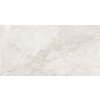 Na zdjęciu widoczna jest płytka podłogowo-ścienna o wymiarach 120 x 60 cm, z połyskującą powierzchnią i wzorem przypominającym naturalny kamień w odcieniach jasnej szarości. Struktura płytki jest gładka, z delikatnymi żyłkami i subtelnymi przejściami kolorystycznymi.