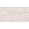 Płytka podłogowo-ścienna o wymiarach 120 x 60 cm z wzorem przypominającym naturalny kamień, w odcieniach jasnego beżu z delikatnymi, ciemniejszymi żyłkami. Powierzchnia jest gładka i błyszcząca, co sugeruje szkliwienie.