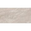Płytka podłogowo-ścienna o wymiarach 120 x 60 cm z połyskiem, w odcieniach beżu i szarości, z delikatnym wzorem przypominającym naturalny kamień. Powierzchnia jest gładka i błyszcząca, z subtelnymi żyłkami i cieniami.