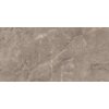 Zdjęcie przedstawia płytkę podłogowo-ścienną o wymiarach 120 x 60 cm z połyskiem, w odcieniu taupe, z delikatnym wzorem przypominającym naturalny kamień. Powierzchnia płytki jest gładka, z widocznymi jasnymi żyłkami i subtelnymi cieniami.