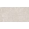 Na zdjęciu widoczna jest płytka podłogowo-ścienna o wymiarach 120 x 60 cm, w odcieniu jasnego beżu z delikatnym wzorem przypominającym naturalny kamień. Powierzchnia płytki jest gładka i błyszcząca, z subtelnymi, białymi żyłkami biegnącymi w różnych kierunkach.