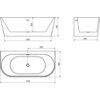 Na zdjęciu widoczne są trzy rysunki techniczne wanny wolnostojącej, przedstawiające jej wymiary: 1700 x 800 mm, 1450 x 580 mm oraz 690 mm. Na rysunkach zaznaczone są również szczegóły takie jak przelew i otwór odpływowy.