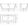 Schemat przedstawia wymiary wanny wolnostojącej przyściennej o wymiarach 1500 x 750 mm, z oznaczeniami 1300 mm, 650 mm, 450 mm i 580 mm. Widoczne są trzy widoki: z przodu, z boku i z góry, z zaznaczonymi miejscami na przelew i odpływ.