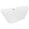 Biała wanna wolnostojąca o opływowym kształcie z widocznym przelewem w kolorze różowego złota. Produkt ma gładką powierzchnię i elegancki design.