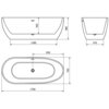 Schemat przedstawia wymiary wanny wolnostojącej o wymiarach 170 x 75 cm, z widocznymi oznaczeniami: 1280 mm, 450 mm, 580 mm, 470 mm, 850 mm, 750 mm i 1700 mm. Wanna ma przelew w kolorze czarnym.