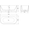 Schemat wanny wolnostojącej z trzema widokami: z przodu, z boku i z góry, z wymiarami 1700 x 800 mm, wysokość 580 mm, głębokość 455 mm, szerokość podstawy 1540 mm i szerokość boczna 720 mm. Na schemacie widoczne są oznaczenia przelewu i odpływu.