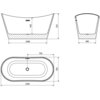 Schemat wanny wolnostojącej z trzema widokami: z boku, z przodu i z góry, z wymiarami 1500 x 750 mm, wysokość 720 mm, szerokość podstawy 1080 mm, a głębokość 445 mm. Przelew jest oznaczony, a wymiary boczne to 480 mm.