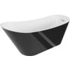 Biała wanna wolnostojąca z czarną zewnętrzną powierzchnią i złotym szczotkowanym przelewem. Produkt ma elegancki, nowoczesny design.