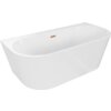 Biała wanna wolnostojąca o owalnym kształcie z miedzianym przelewem, o gładkiej powierzchni i minimalistycznym designie. Produkt jest oznaczony jako "Mexen Oval+ wanna wolnostojąca przyścienna 170 x 80 cm, biała, przelew miedź szczotkowana - 52681708000-65".