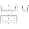 Na zdjęciu widoczne są trzy rysunki techniczne wanny wolnostojącej z wymiarami: 1700 x 750 mm, 1460 x 450 mm, oraz 510 mm wysokości. Rysunki przedstawiają widok z boku, z przodu i z góry, z zaznaczonymi wymiarami oraz otworem przelewowym.