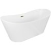 Biała wanna wolnostojąca o eleganckim, zaokrąglonym kształcie z widocznym złotym przelewem. Produkt ma gładką powierzchnię i minimalistyczny design.